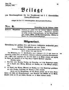 Verordnungsblatt für den Dienstbereich des K.K. Finanzministeriums für die im Reichsrate Vertretenen Königreiche und Länder 18600223 Seite: 1