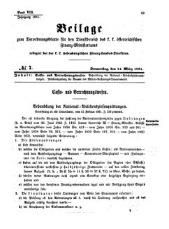 Verordnungsblatt für den Dienstbereich des K.K. Finanzministeriums für die im Reichsrate Vertretenen Königreiche und Länder 18610314 Seite: 1