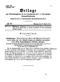 Verordnungsblatt für den Dienstbereich des K.K. Finanzministeriums für die im Reichsrate Vertretenen Königreiche und Länder 18610429 Seite: 1