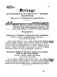 Verordnungsblatt für den Dienstbereich des K.K. Finanzministeriums für die im Reichsrate Vertretenen Königreiche und Länder 18610704 Seite: 1