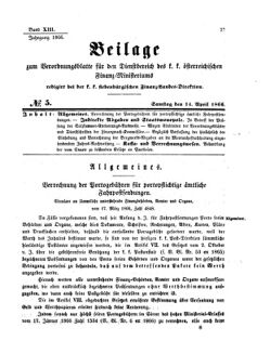 Verordnungsblatt für den Dienstbereich des K.K. Finanzministeriums für die im Reichsrate Vertretenen Königreiche und Länder 18660414 Seite: 1