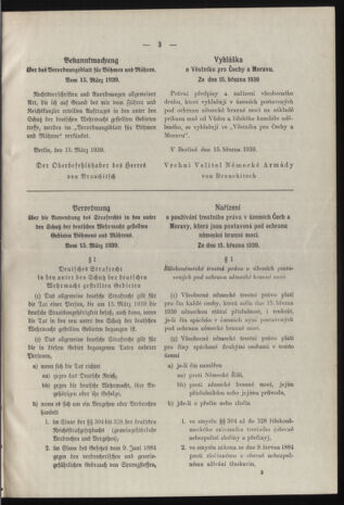 Verordnungsblatt des Reichsprotektors in Böhmen und Mähren: = Věstník nařízení Reichsprotektora in Böhmen und Mähren 19390315 Seite: 3