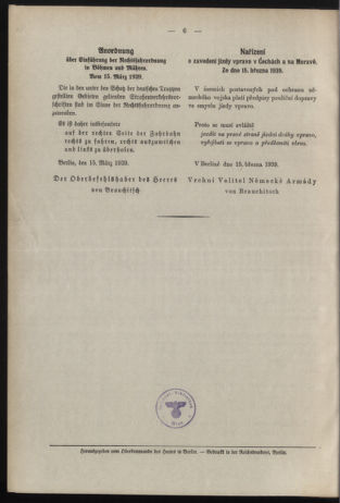 Verordnungsblatt des Reichsprotektors in Böhmen und Mähren: = Věstník nařízení Reichsprotektora in Böhmen und Mähren 19390315 Seite: 6