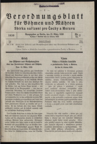 Verordnungsblatt des Reichsprotektors in Böhmen und Mähren: = Věstník nařízení Reichsprotektora in Böhmen und Mähren 19390321 Seite: 1