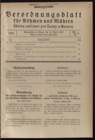 Verordnungsblatt des Reichsprotektors in Böhmen und Mähren: = Věstník nařízení Reichsprotektora in Böhmen und Mähren