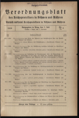 Verordnungsblatt des Reichsprotektors in Böhmen und Mähren: = Věstník nařízení Reichsprotektora in Böhmen und Mähren 19390707 Seite: 1