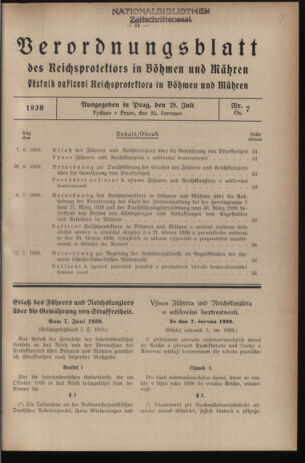 Verordnungsblatt des Reichsprotektors in Böhmen und Mähren: = Věstník nařízení Reichsprotektora in Böhmen und Mähren 19390725 Seite: 1