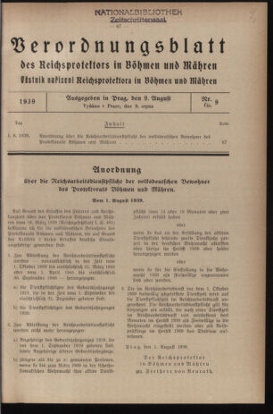 Verordnungsblatt des Reichsprotektors in Böhmen und Mähren: = Věstník nařízení Reichsprotektora in Böhmen und Mähren 19390809 Seite: 1