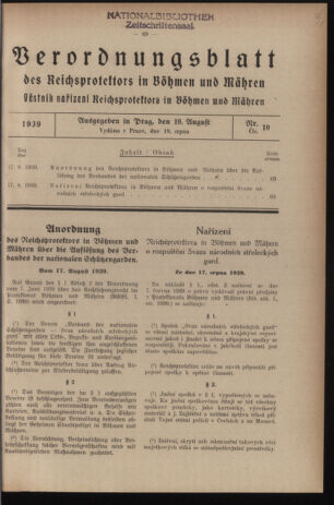 Verordnungsblatt des Reichsprotektors in Böhmen und Mähren: = Věstník nařízení Reichsprotektora in Böhmen und Mähren 19390819 Seite: 1