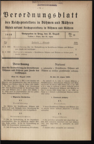 Verordnungsblatt des Reichsprotektors in Böhmen und Mähren: = Věstník nařízení Reichsprotektora in Böhmen und Mähren 19390825 Seite: 1