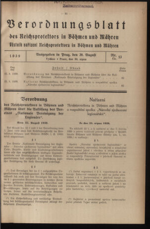 Verordnungsblatt des Reichsprotektors in Böhmen und Mähren: = Věstník nařízení Reichsprotektora in Böhmen und Mähren 19390830 Seite: 1