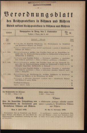 Verordnungsblatt des Reichsprotektors in Böhmen und Mähren: = Věstník nařízení Reichsprotektora in Böhmen und Mähren 19390902 Seite: 1