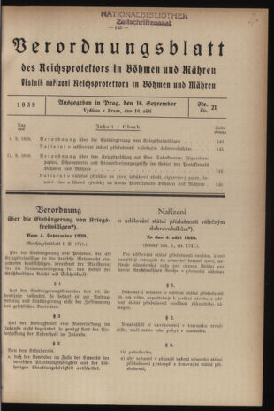 Verordnungsblatt des Reichsprotektors in Böhmen und Mähren: = Věstník nařízení Reichsprotektora in Böhmen und Mähren 19390916 Seite: 1