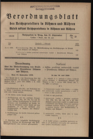 Verordnungsblatt des Reichsprotektors in Böhmen und Mähren: = Věstník nařízení Reichsprotektora in Böhmen und Mähren 19390923 Seite: 1