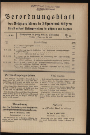 Verordnungsblatt des Reichsprotektors in Böhmen und Mähren: = Věstník nařízení Reichsprotektora in Böhmen und Mähren 19390925 Seite: 1