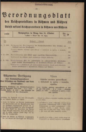 Verordnungsblatt des Reichsprotektors in Böhmen und Mähren: = Věstník nařízení Reichsprotektora in Böhmen und Mähren 19391024 Seite: 1