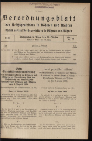 Verordnungsblatt des Reichsprotektors in Böhmen und Mähren: = Věstník nařízení Reichsprotektora in Böhmen und Mähren 19391030 Seite: 1