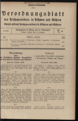 Verordnungsblatt des Reichsprotektors in Böhmen und Mähren: = Věstník nařízení Reichsprotektora in Böhmen und Mähren 19391111 Seite: 1