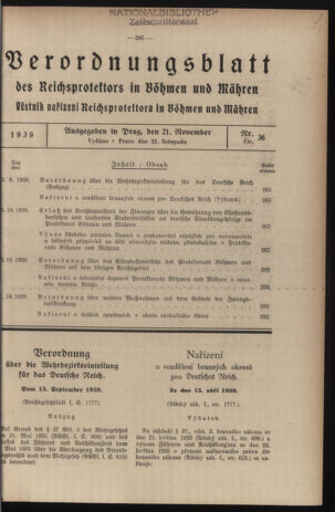 Verordnungsblatt des Reichsprotektors in Böhmen und Mähren: = Věstník nařízení Reichsprotektora in Böhmen und Mähren 19391121 Seite: 1