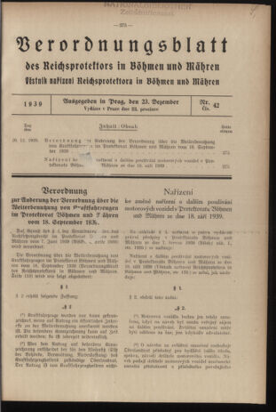 Verordnungsblatt des Reichsprotektors in Böhmen und Mähren: = Věstník nařízení Reichsprotektora in Böhmen und Mähren 19391223 Seite: 1