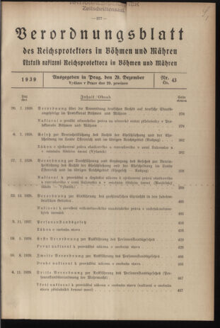 Verordnungsblatt des Reichsprotektors in Böhmen und Mähren: = Věstník nařízení Reichsprotektora in Böhmen und Mähren 19391229 Seite: 1