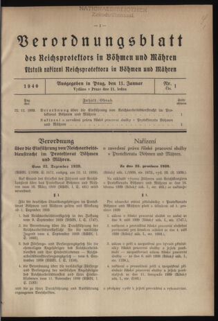 Verordnungsblatt des Reichsprotektors in Böhmen und Mähren: = Věstník nařízení Reichsprotektora in Böhmen und Mähren 19400111 Seite: 1