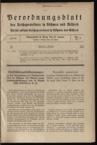 Verordnungsblatt des Reichsprotektors in Böhmen und Mähren: = Věstník nařízení Reichsprotektora in Böhmen und Mähren 19400115 Seite: 1