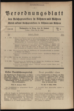 Verordnungsblatt des Reichsprotektors in Böhmen und Mähren: = Věstník nařízení Reichsprotektora in Böhmen und Mähren 19400126 Seite: 1