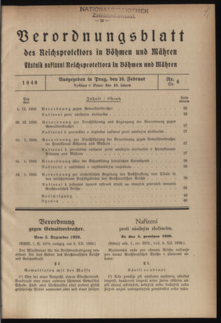 Verordnungsblatt des Reichsprotektors in Böhmen und Mähren: = Věstník nařízení Reichsprotektora in Böhmen und Mähren 19400210 Seite: 1