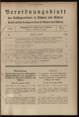 Verordnungsblatt des Reichsprotektors in Böhmen und Mähren: = Věstník nařízení Reichsprotektora in Böhmen und Mähren 19400215 Seite: 1