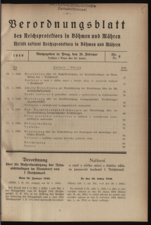 Verordnungsblatt des Reichsprotektors in Böhmen und Mähren: = Věstník nařízení Reichsprotektora in Böhmen und Mähren 19400226 Seite: 1