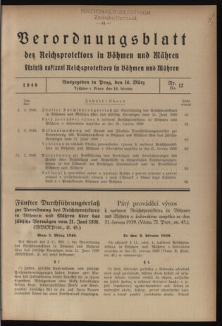 Verordnungsblatt des Reichsprotektors in Böhmen und Mähren: = Věstník nařízení Reichsprotektora in Böhmen und Mähren 19400316 Seite: 1