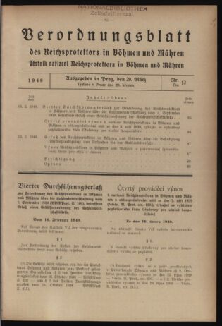 Verordnungsblatt des Reichsprotektors in Böhmen und Mähren: = Věstník nařízení Reichsprotektora in Böhmen und Mähren 19400329 Seite: 1