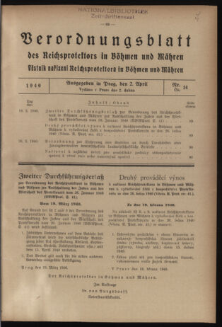 Verordnungsblatt des Reichsprotektors in Böhmen und Mähren: = Věstník nařízení Reichsprotektora in Böhmen und Mähren 19400402 Seite: 1