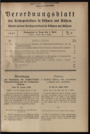 Verordnungsblatt des Reichsprotektors in Böhmen und Mähren: = Věstník nařízení Reichsprotektora in Böhmen und Mähren