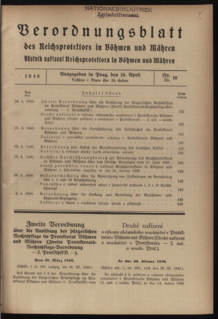 Verordnungsblatt des Reichsprotektors in Böhmen und Mähren: = Věstník nařízení Reichsprotektora in Böhmen und Mähren 19400410 Seite: 1