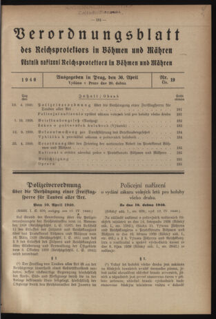 Verordnungsblatt des Reichsprotektors in Böhmen und Mähren: = Věstník nařízení Reichsprotektora in Böhmen und Mähren 19400430 Seite: 1