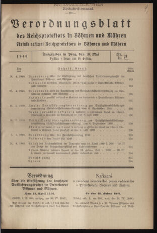 Verordnungsblatt des Reichsprotektors in Böhmen und Mähren: = Věstník nařízení Reichsprotektora in Böhmen und Mähren 19400518 Seite: 1