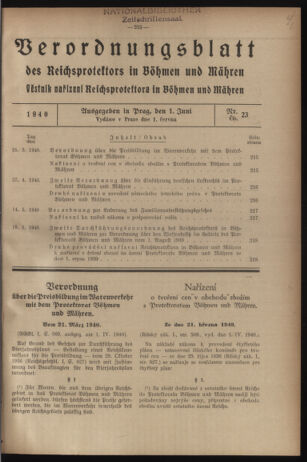 Verordnungsblatt des Reichsprotektors in Böhmen und Mähren: = Věstník nařízení Reichsprotektora in Böhmen und Mähren 19400601 Seite: 1