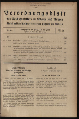 Verordnungsblatt des Reichsprotektors in Böhmen und Mähren: = Věstník nařízení Reichsprotektora in Böhmen und Mähren 19400612 Seite: 1