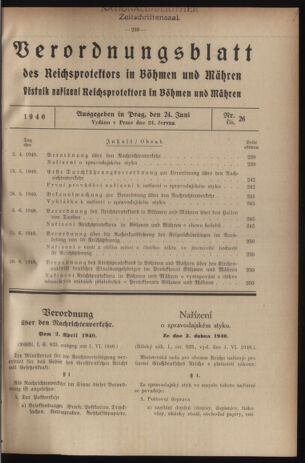 Verordnungsblatt des Reichsprotektors in Böhmen und Mähren: = Věstník nařízení Reichsprotektora in Böhmen und Mähren 19400624 Seite: 1