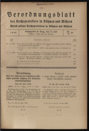 Verordnungsblatt des Reichsprotektors in Böhmen und Mähren: = Věstník nařízení Reichsprotektora in Böhmen und Mähren 19400717 Seite: 1