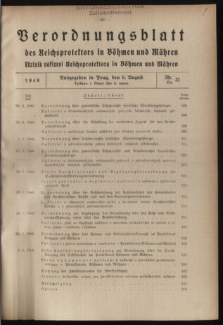 Verordnungsblatt des Reichsprotektors in Böhmen und Mähren: = Věstník nařízení Reichsprotektora in Böhmen und Mähren 19400806 Seite: 1