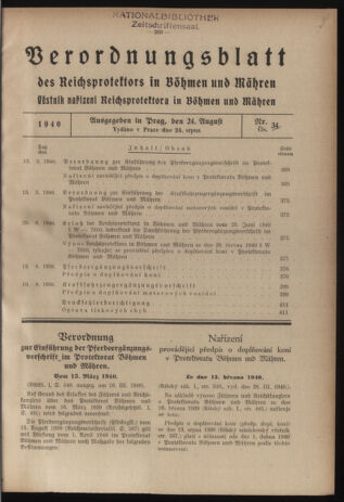 Verordnungsblatt des Reichsprotektors in Böhmen und Mähren: = Věstník nařízení Reichsprotektora in Böhmen und Mähren 19400824 Seite: 1