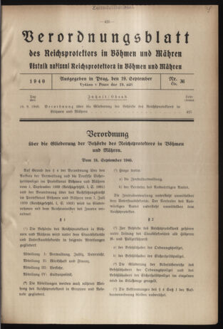 Verordnungsblatt des Reichsprotektors in Böhmen und Mähren: = Věstník nařízení Reichsprotektora in Böhmen und Mähren 19400919 Seite: 1