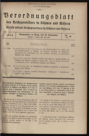 Verordnungsblatt des Reichsprotektors in Böhmen und Mähren: = Věstník nařízení Reichsprotektora in Böhmen und Mähren 19400925 Seite: 1