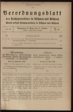 Verordnungsblatt des Reichsprotektors in Böhmen und Mähren: = Věstník nařízení Reichsprotektora in Böhmen und Mähren 19401011 Seite: 1