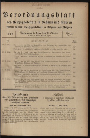 Verordnungsblatt des Reichsprotektors in Böhmen und Mähren: = Věstník nařízení Reichsprotektora in Böhmen und Mähren 19401025 Seite: 1