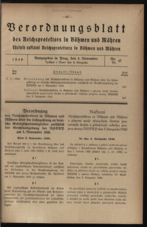 Verordnungsblatt des Reichsprotektors in Böhmen und Mähren: = Věstník nařízení Reichsprotektora in Böhmen und Mähren 19401104 Seite: 1