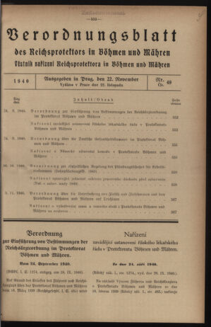 Verordnungsblatt des Reichsprotektors in Böhmen und Mähren: = Věstník nařízení Reichsprotektora in Böhmen und Mähren 19401122 Seite: 1